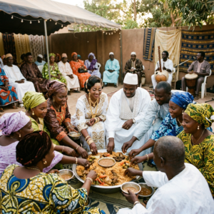 Wedding couple and guests sharing a communal meal during a musical celebration