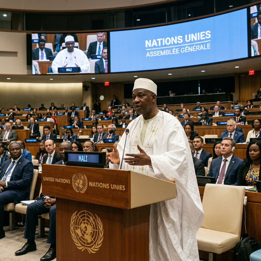 Mali representative speaking at the United Nations General Assembly podium