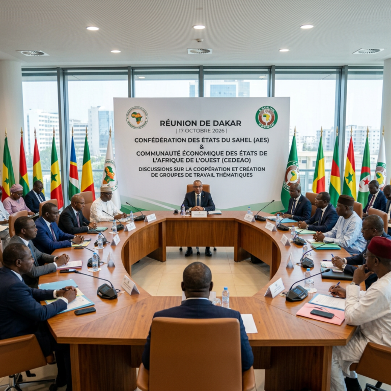 Meeting banner reads: RÉUNION DE DAKAR, 17 OCTOBRE 2026; CONFÉDÉRATION DES ÉTATS DU SAHEL (AES) & COMMUNAUTÉ ÉCONOMIQUE DES ÉTATS DE L’AFRIQUE DE L’OUEST (CEDEAO); DISCUSSIONS SUR LA COOPÉRATION ET CRÉATION DE GROUPES DE TRAVAIL THÉMATIQUES.