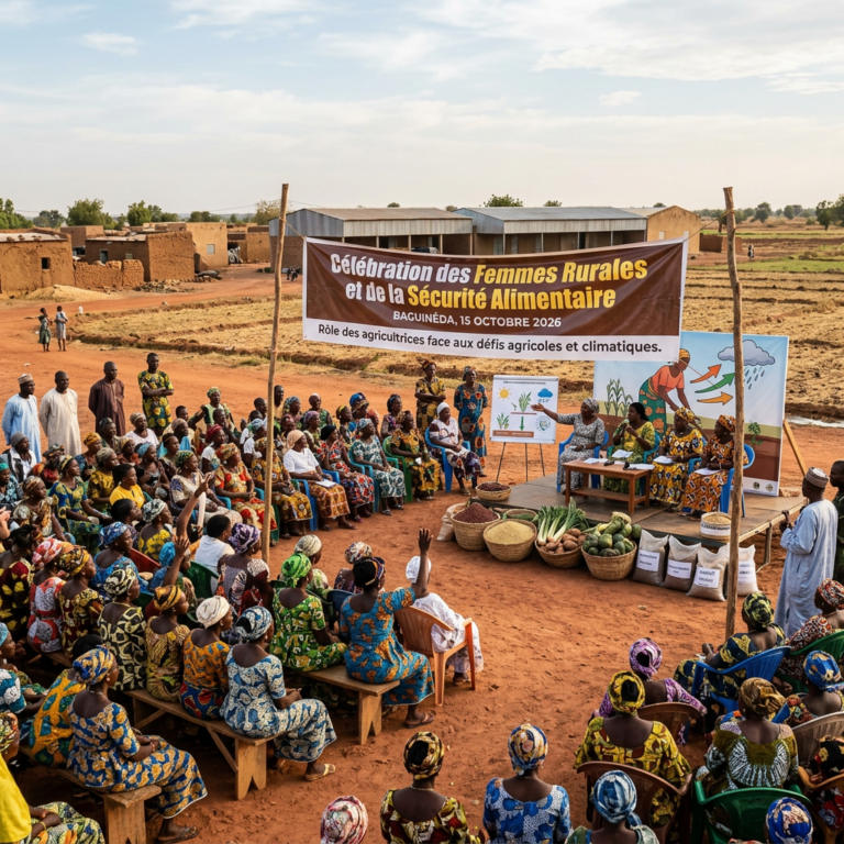Community gathering beneath banner reading “Célébration des Femmes Rurales et de la Sécurité Alimentaire,” “BAGUINÉDA, 15 OCTOBRE 2026,” and “Rôle des agricultrices face aux défis agricoles et climatiques.”