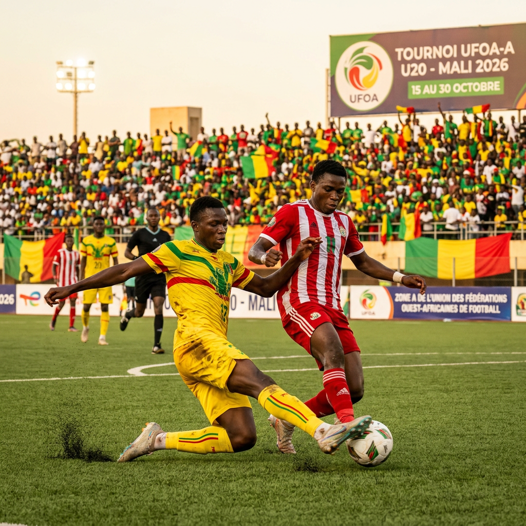 Two footballers contest the ball; sign reads “Tournoi UFOA-A U20 - Mali 2026.”