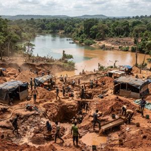Workers excavate and sift soil beside a forested river.